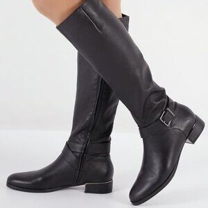 Kenneth Cole Women Branden Buckle Riding Boots, Black (REGULAR CALF)